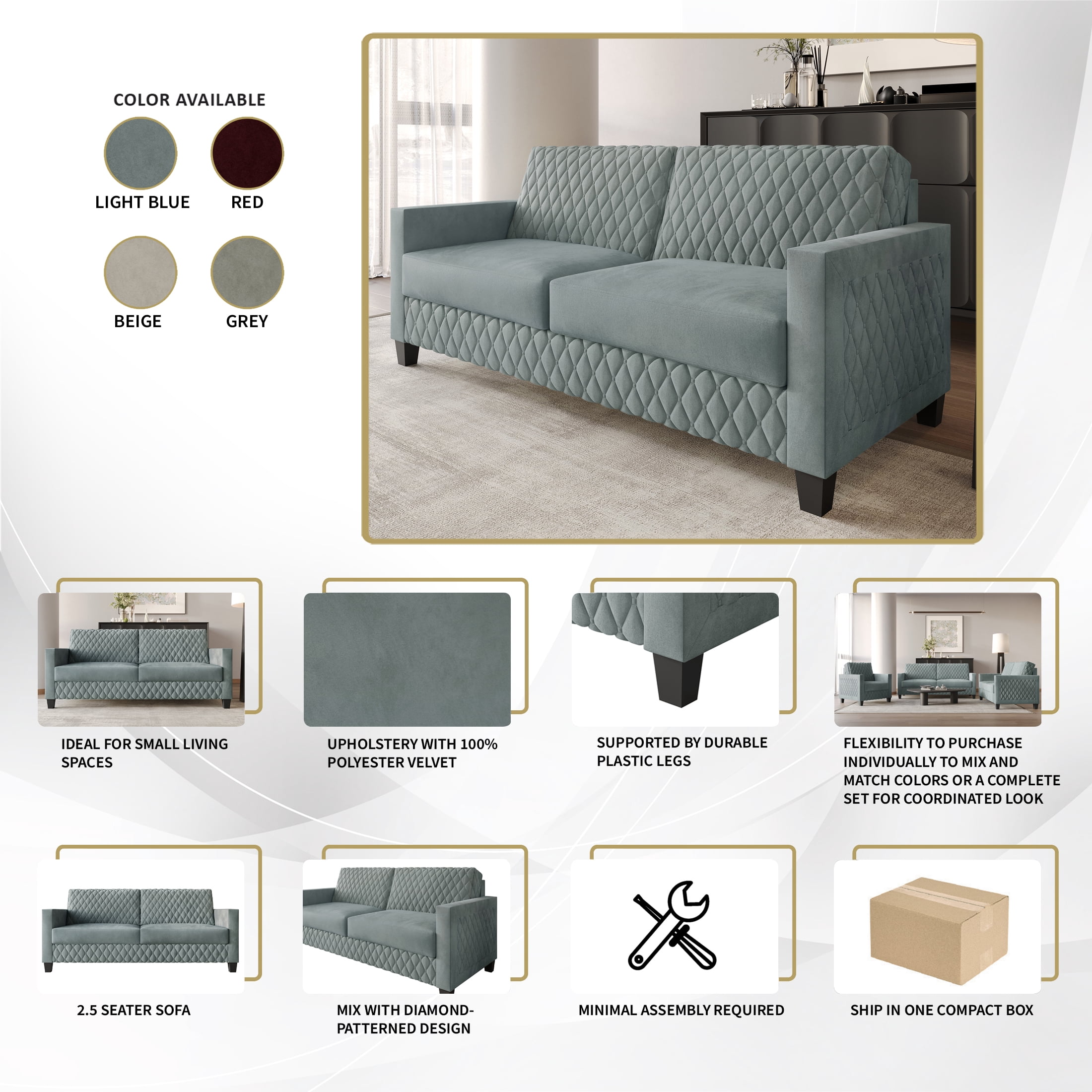 Castle Place Modern Luxe Velevet Diamond Tufted Upholstered Sofa, Light Blue