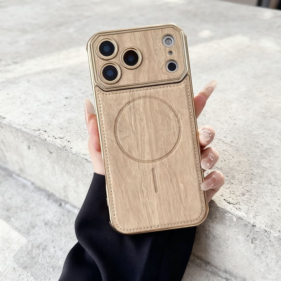 Magnetic Case for iPhone 17 Pro, Wooden Texture PU Leather TPU PC Hybrid Phone Case, Compatible with Mag-Safe, Plating Edge Anti-Scratch Shockproof Cover for iPhone 17 Pro, Gold