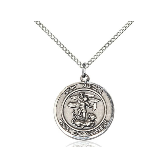 Sterling Silver San Miguel Arcangel Pendant 3/4 x 5/8 inches with 18 inch Sterling Silver Curb Chain