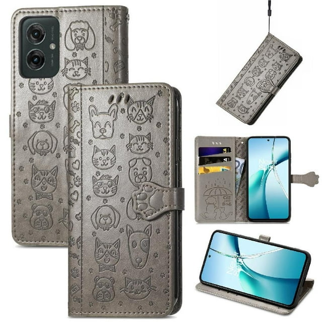 Funda Cartera FOXDOCK para Motorola Moto G55 , Flip PU con Relieve de Gatos y Perros, Tarjetero y Soporte