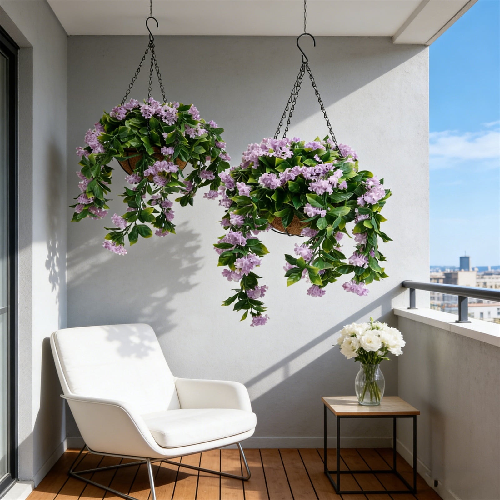 Oefntac Artificial Flower 15 Faux Crepe Myrtle Hanging Baskets Set of 2 Artificial Fake Hanging Plants Flowers Basket for Spring Summer Outside Decoration