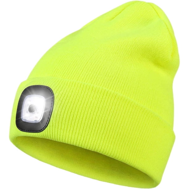 Gorro de punto con luz LED y linterna frontal, unisex, 4 LED, recargable por USB, para hombre y mujer, regalo de invierno (amarillo fluorescente)
