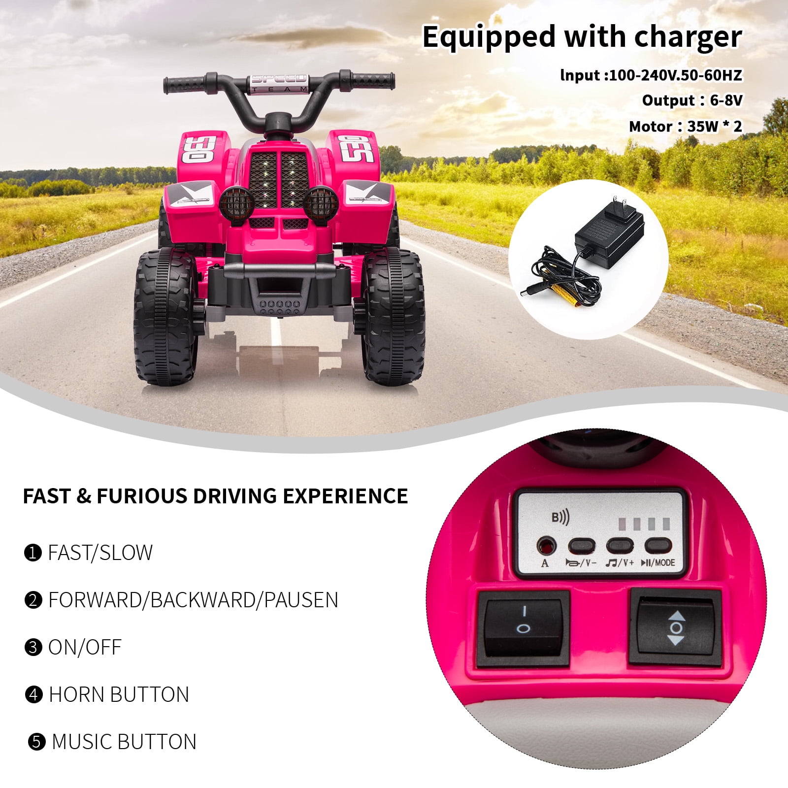 Telyswee 6V Kids Ride On Car, 4-Wheeler Quad ATV Play Car for Kids, 1.76MPH Max Speed, Ride On Toy for Boys & Girls Gift, Rubber Handles, Push-Button Accelerator