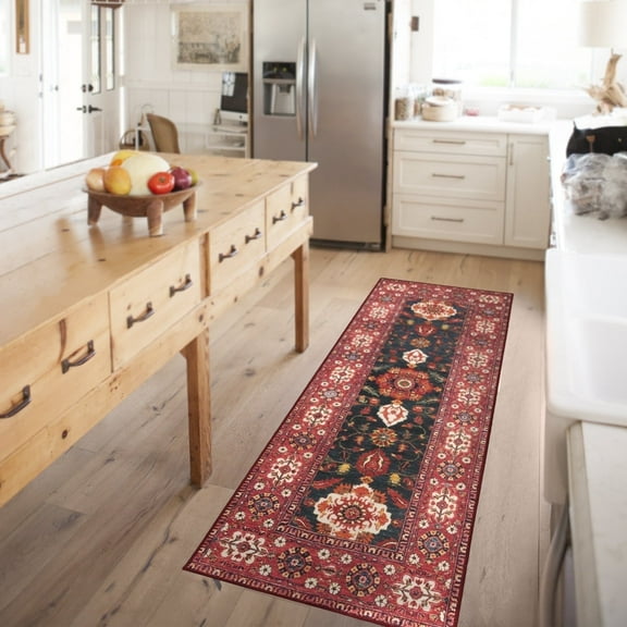 My Magic Carpet 2.5'x7' Machine Washable Non-Slip Kitchen Hallway Runner Rug, Ramage Indigo