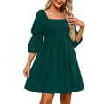 thumbnail image 1 of Babysbule Robes en Liquidation pour Femmes Dames Solide Décontracté Col Carré Manches 3/4 Bouffantes Poitrine Smockée Épaules Dénudées Babydoll Mini Robe Courte, 1 of 9