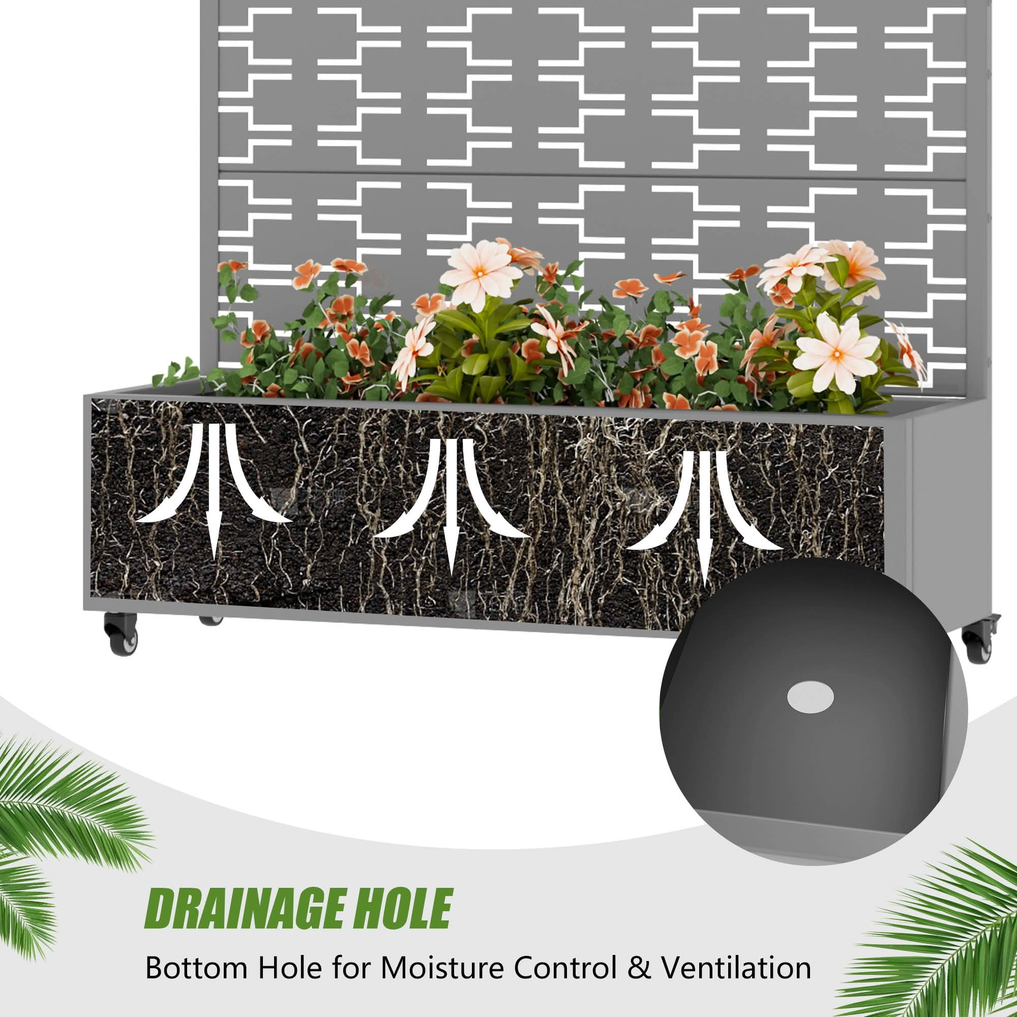 MAYEERTY 72X47" Metal Outdoor Gray Privacy Screen with Planter Box for Backyard & Garden, 5 Piece Set