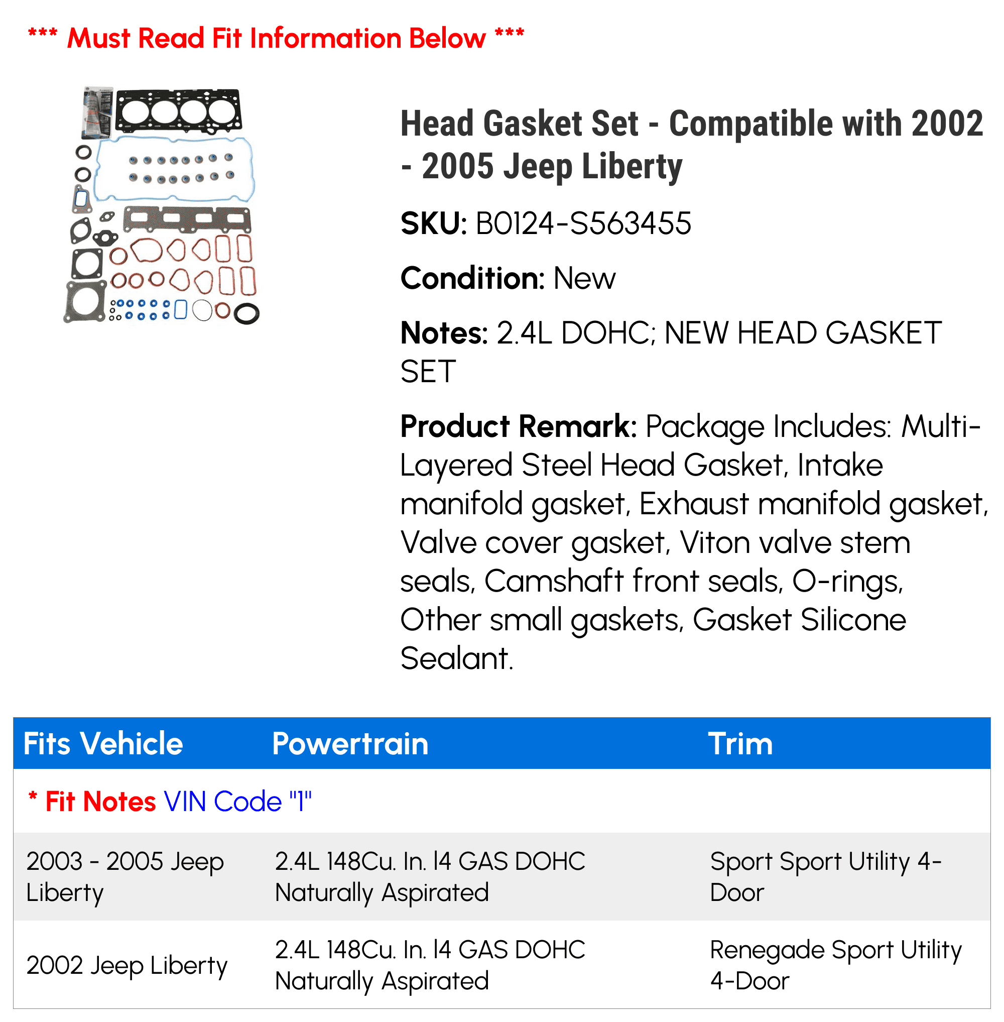 Head Gasket Set - Compatible with 2002 - 2005 Jeep Liberty 2003 2004