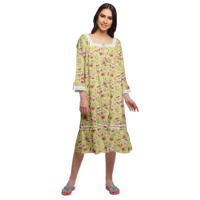 Moomaya Robe de Nuit en Coton à Manches Longues à Encolure Carrée Imprimée pour Femmes