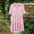 thumbnail image 6 of QUNYINEY Short Sleeve Women's Dresses Summer Midi Plaid Faux Cotton Linen A Line Dress Pleated Collared Loose Fit Button Dresses, 6 of 7