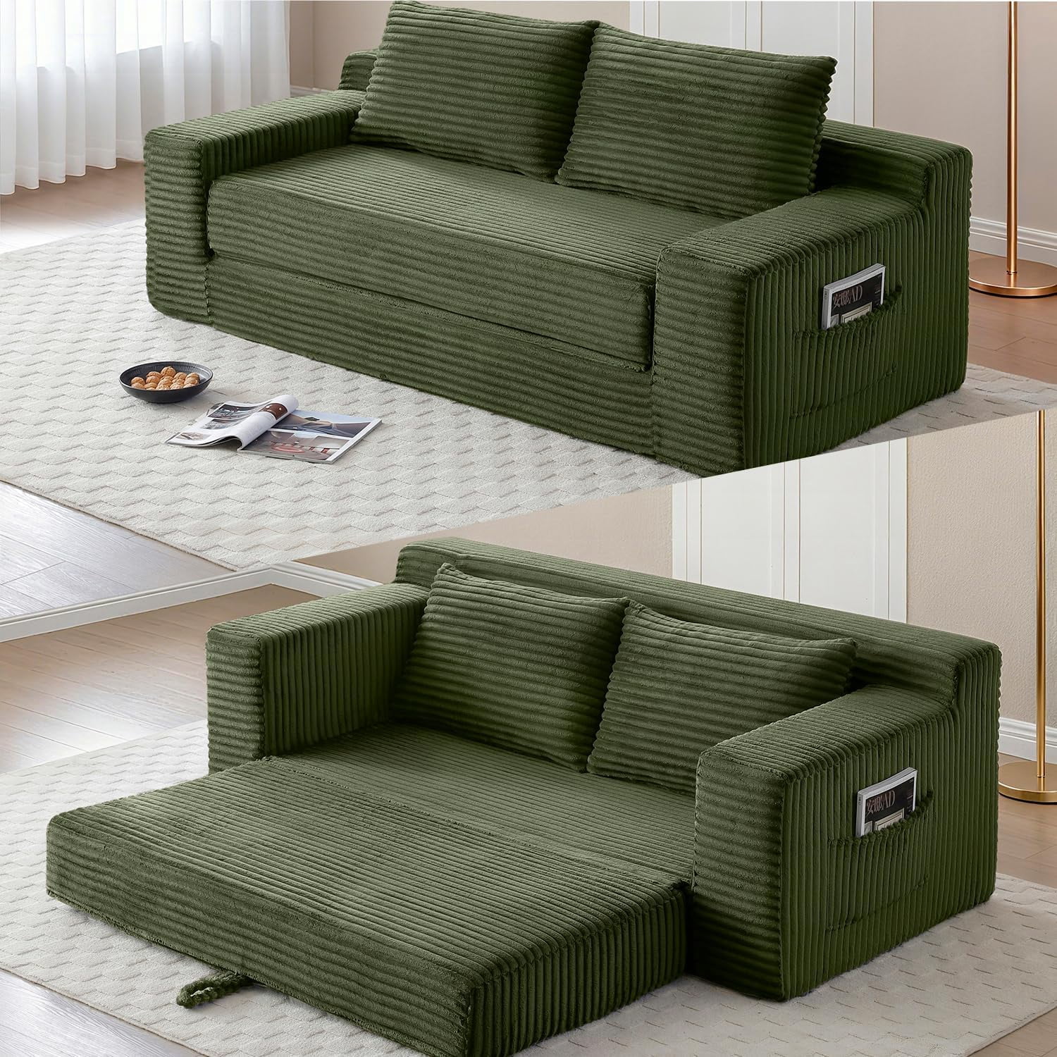 73" 2-in-1 Convertible Sofa Bed, Memory Foam Corduroy Loveseat, No Assembly, Green