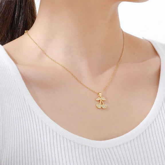 Womens Gold Cherry Necklace 14k Gold Plated Cubic Zirconia Cherry Pendant Necklaces for Women Trendy Non Tarnish Jewelry Gifts for Girllfriend Wife Mom Her