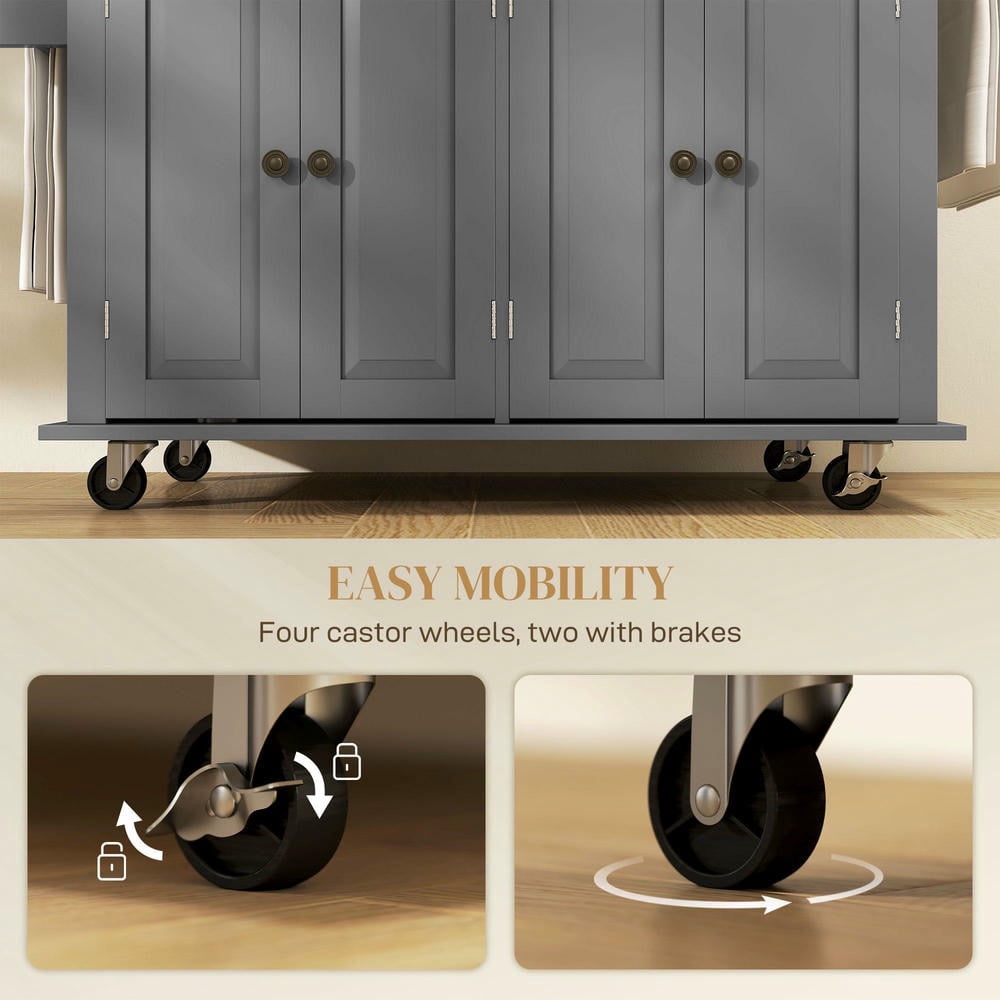 Kepooman Kitchen Island Cart with Rubber Wood Top, Serving Utility Carts with Drawers, Adjustable Shelves, Spice Rack and Towel Rack for Dining Room, Gray