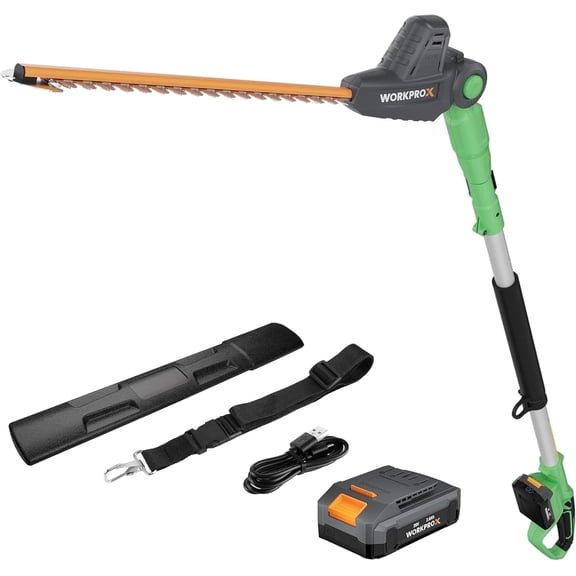 WORKPROX 20V Cordless Pole Hedge Trimmer, 9.2 ft Reach, 11-Angle Adjustable Head with Extension Pole, 2.0Ah Battery Included