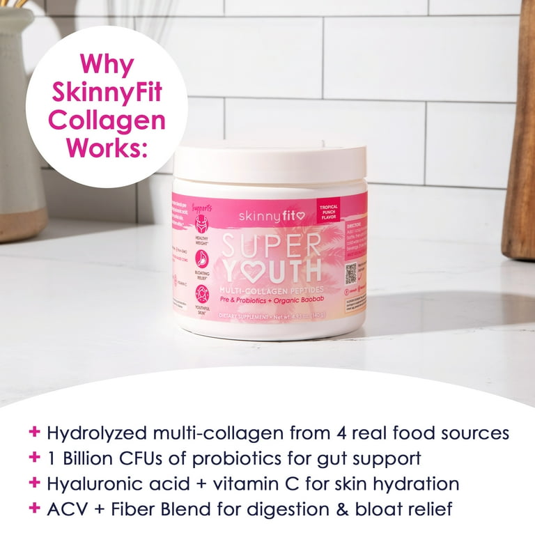 SkinnyFit Super Youth Collagen, Multi Collagen Peptides Powder, Probiotics,  Fiber, Hyaluronic Acid, Anti-Aging, Gut Health Support, NON GMO, Gluten 