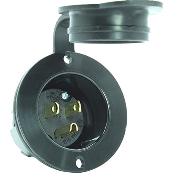 Journeyman-Pro 5278 15 Amp 125 Volt, Flanged Inlet, Black Commercial Grade, 2 Pole-3 Wire, Straight Blade, Nema 5-15 (With Cover/Cap)