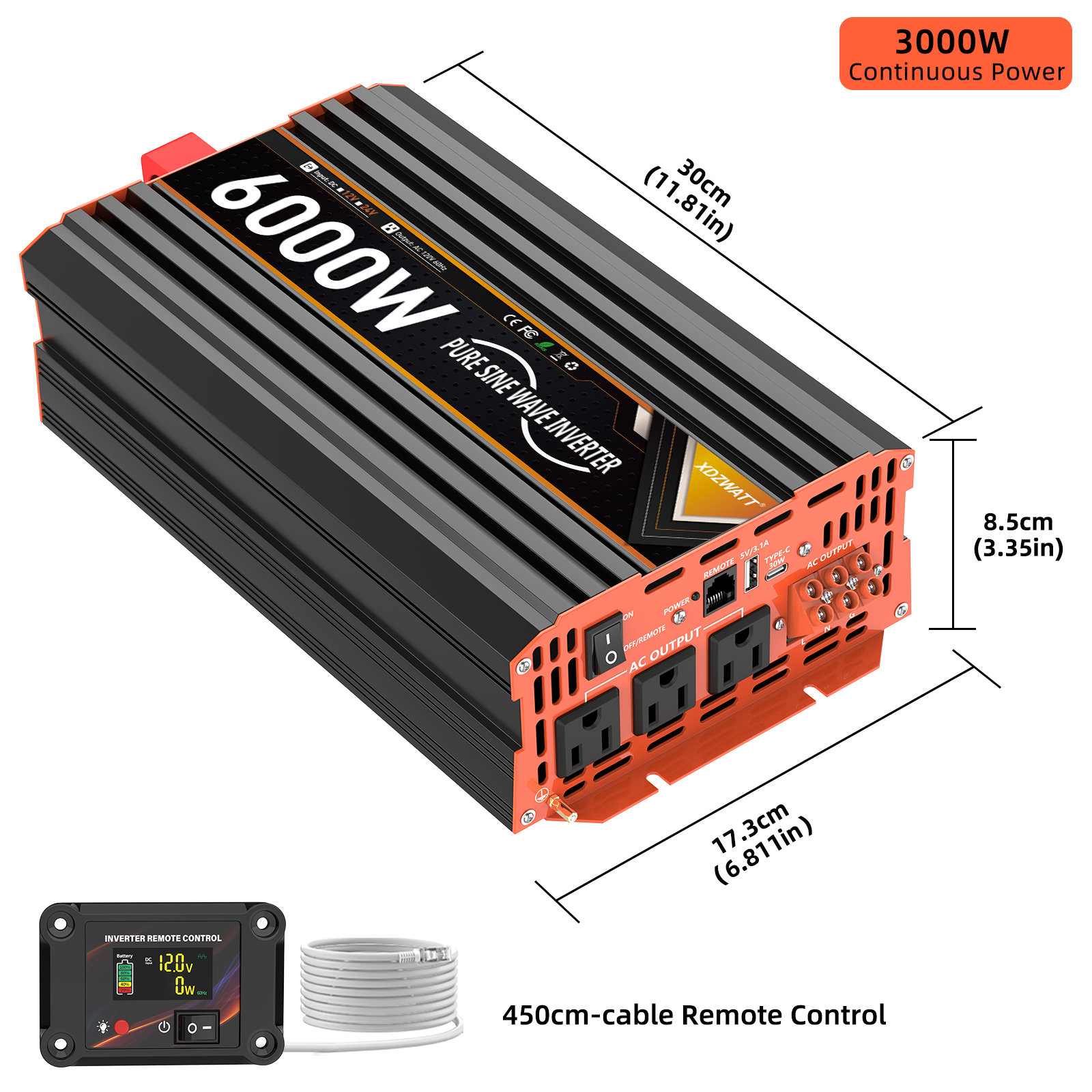 6000W Pure Sine Wave Inverter, 12V DC to 110V AC Car Power Converter, 3 AC Outlets + 2 USB Charging Ports, LCD Display, with Remote Control, Suitable for Vehicles, RVs, Camping and Home Backup Power