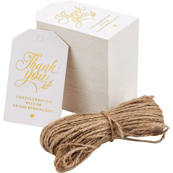 200 Pcs Thank You Gift Tags Gold Foil Paper Gift Tags with 65.6ft Natural Jute Twine for DIY Wedding Favors Party Decor