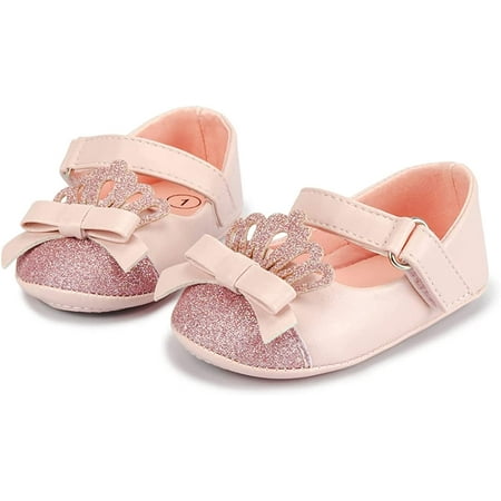 

Baby Girls Mary Jane Sequins Crown Flats PU Leather Wedding Party Princess Ballet Shoe Infant Rubber Sole Prewalker Toddler First Crib Shoes