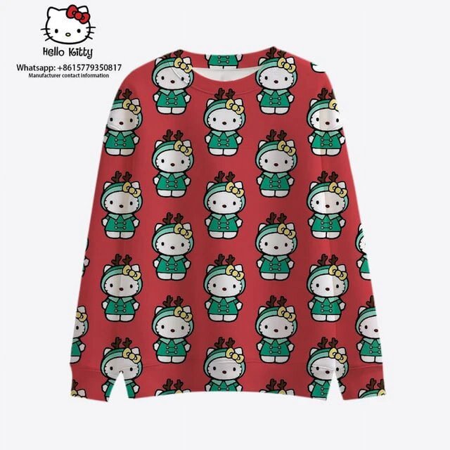 2023 Nouveau Mode Urbaine Style de Noël Hello Kitty Automne Harajuku Col Rond Décontracté Chandail à Manches Longues pour Femmes Hauts 2K