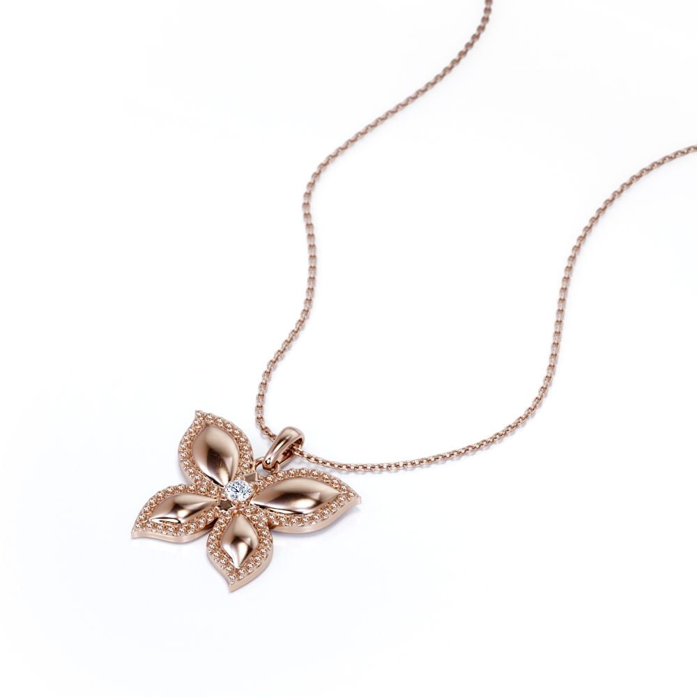 JeenMata Butterfly-in-Love Pendant Necklace with Round Brilliant Cut Moissanite in 18K Rose Gold Plating over Silver