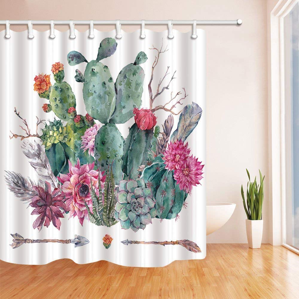 Watercolor Painting Style Flowering Cactus Plants Fabric Bathroom Shower Curtain 