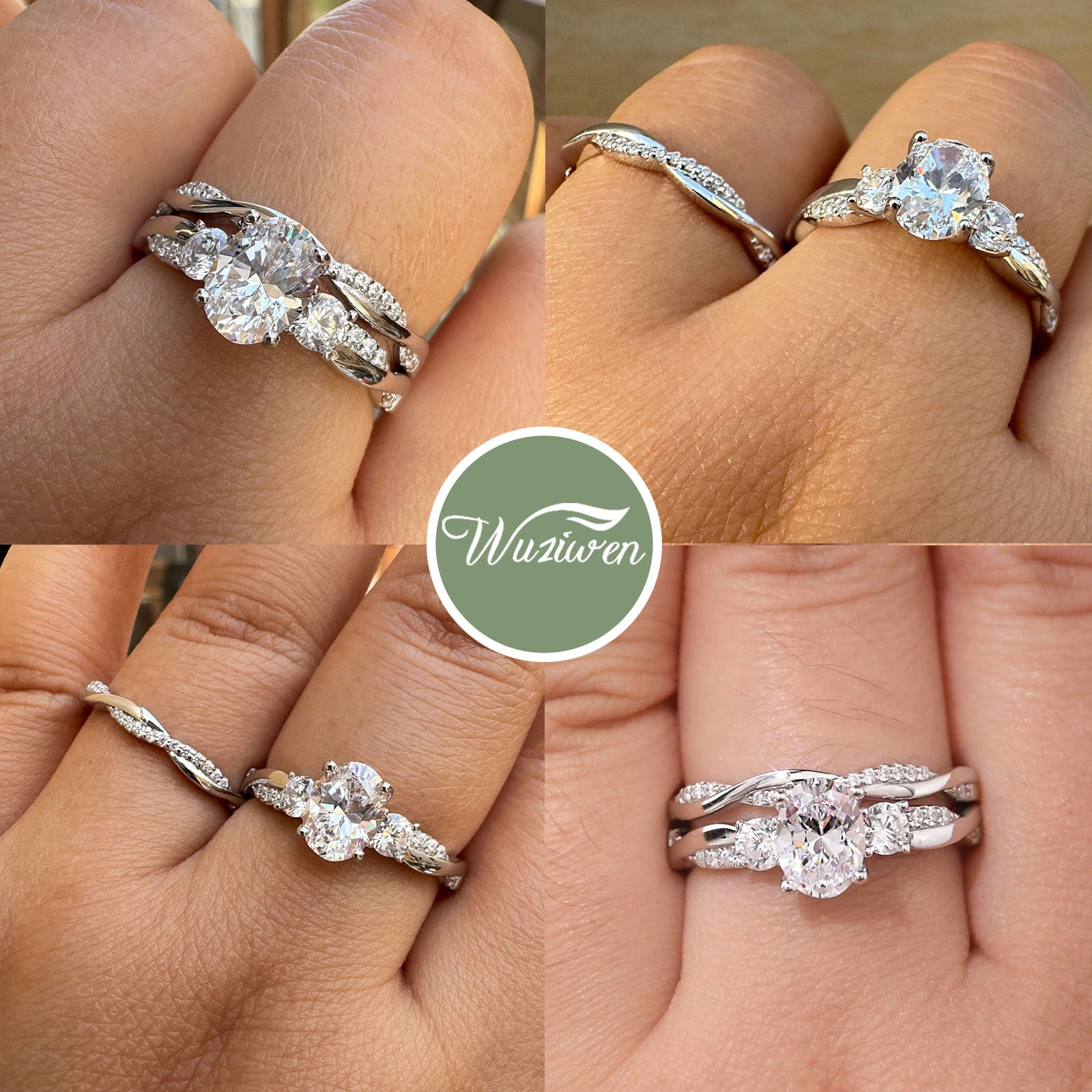 Wuziwen 2 Ct Oval Three Stone Wedding Ring Sets Infinity Bands 925 Sterling Silver Rings for Woman Cz Size 6