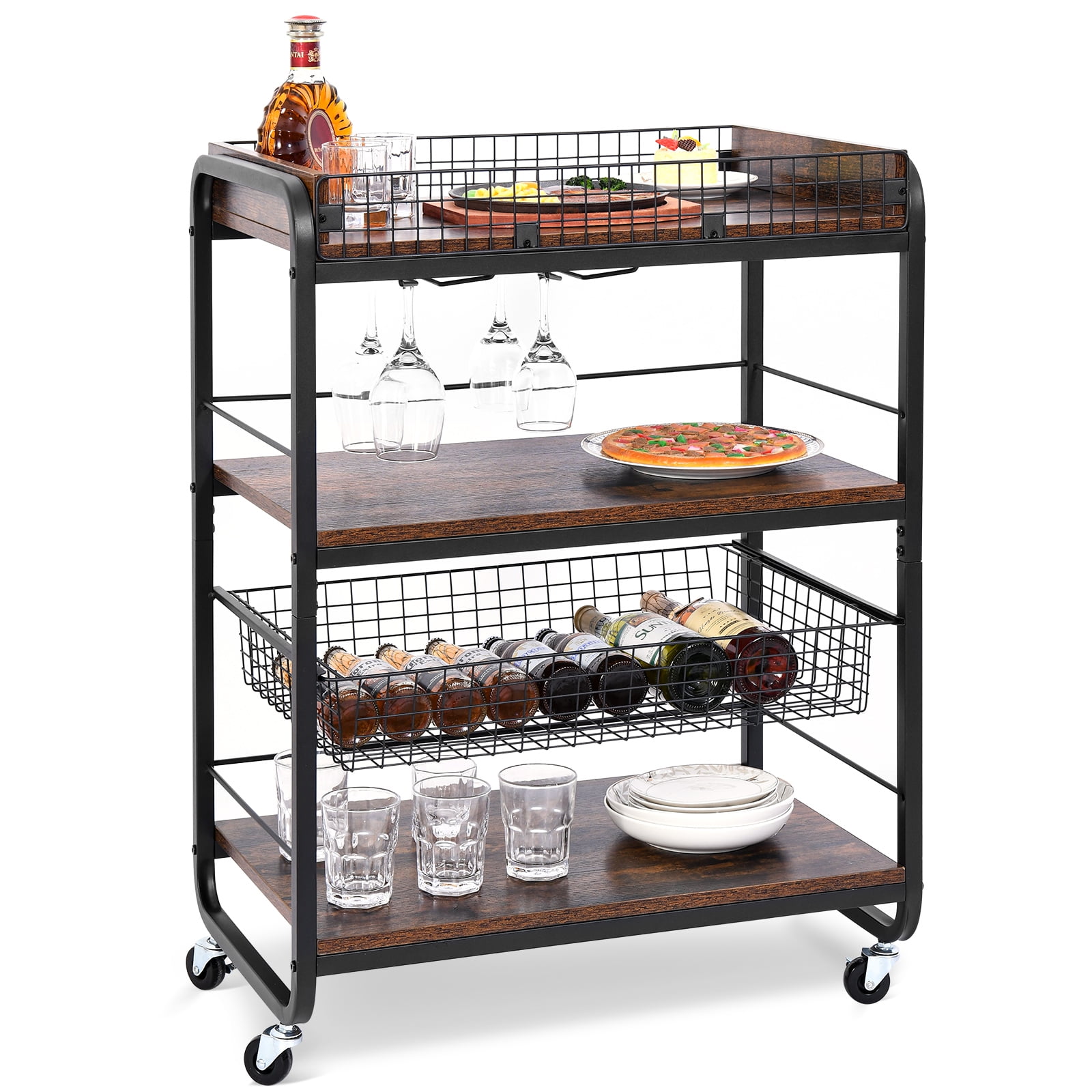 Size : A Kitchen Serving Trolley Stainless Steel Hotel Cart Storage Cart Laundry Hotel Cleaning Cart Service Car Trolley with Wine Rack 