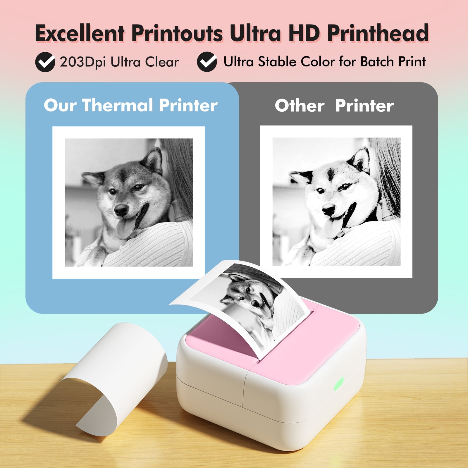 Mini Pocket Printer Portable Thermal Instant Photo Printing Label Maker Machine BT Wireless Connect Compatible with Android / iOS APP Support Receipt Label Memo Sticker Notes Lists Scrapbook DIY