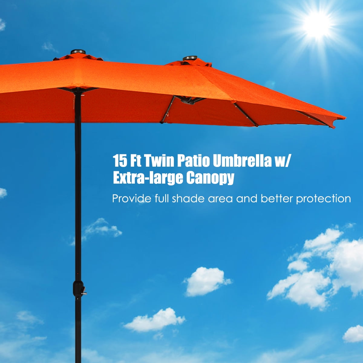 Costway 15' Orange Rectangle Market Patio Umbrella, Solar Powered, Crank, Water-Resistant