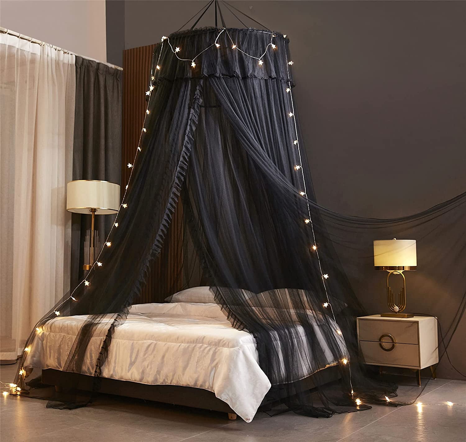 Princess Bed Canopy for Girls,Bed Canopy Curtain- Double Layer Sheer Mesh Dome Bed Curtain- Round Lace Princess Mosquito Net Tent (Double Black-2)