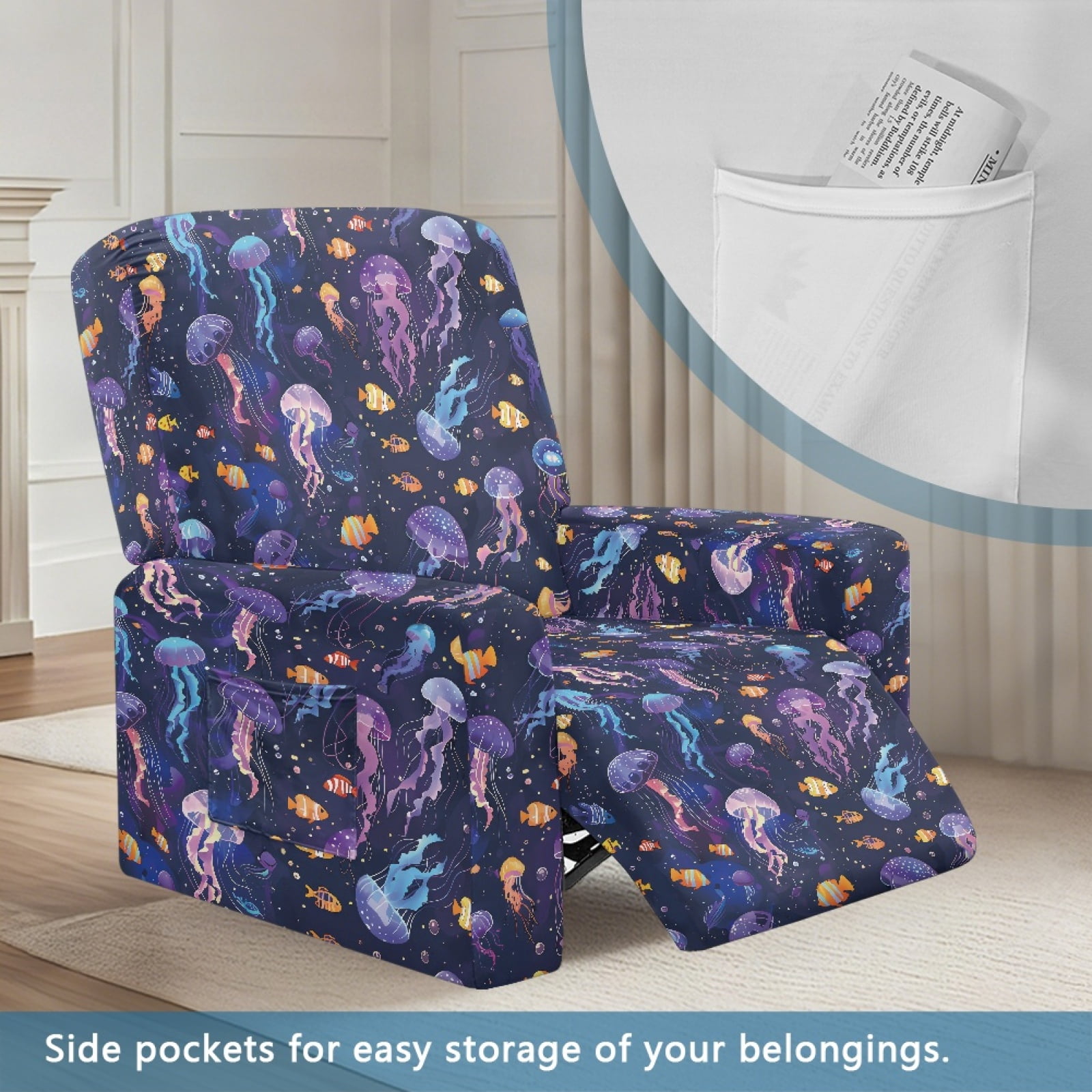 Xoenoiee Jellyfish Fish Print Recliner Slipcover Stretch Reclining Chair Covers 4 Pieces Non Slip Recliner Sofa Slipcovers with Pockets Fitted Sofa Couch Cover Lazy Boy Chair Cover for Pet Kid