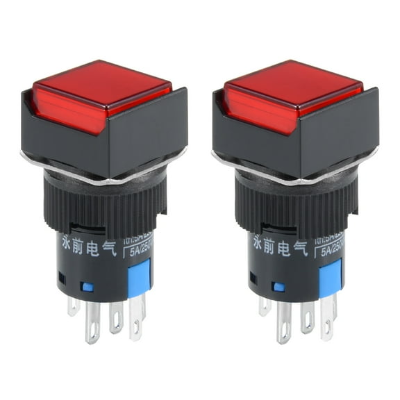 2Pcs 16mm Latching Push Button Switch Red  Light Square Button DPST 1 NO 1 NC