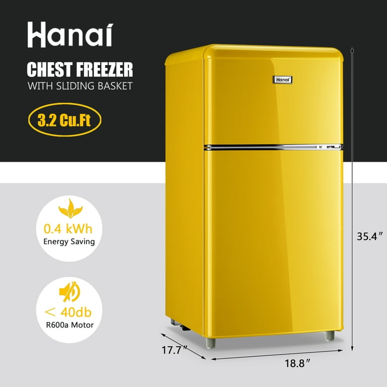 Wanai 3.5 Cu.Ft Compact Refrigerator Dual Doors Mini Fridge with Freezer 7 Temp Adjustable Control Yellow
