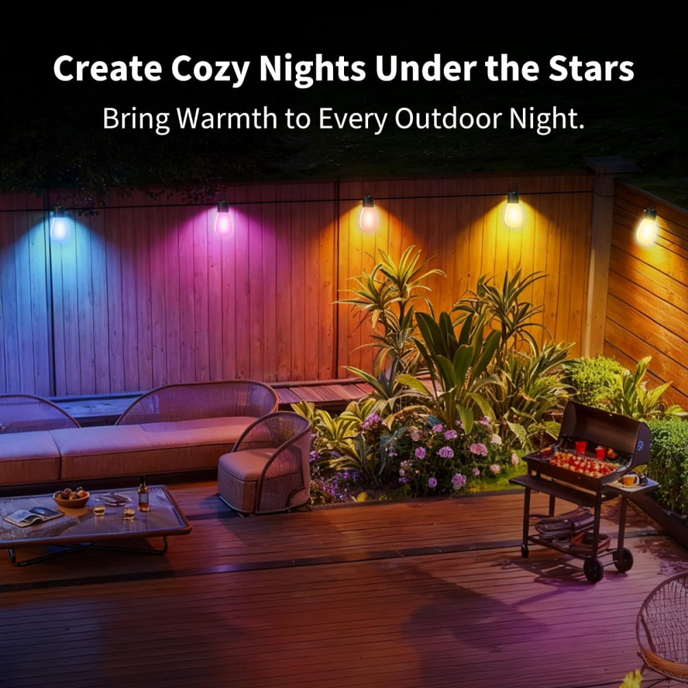2 Pcs 48 Ft Christmas Smart Outdoor String Lights, RGB & Warm White Patio String Lights with 30 LED Bulbs, Works with APP Control, IP65 Waterproof for Decorations