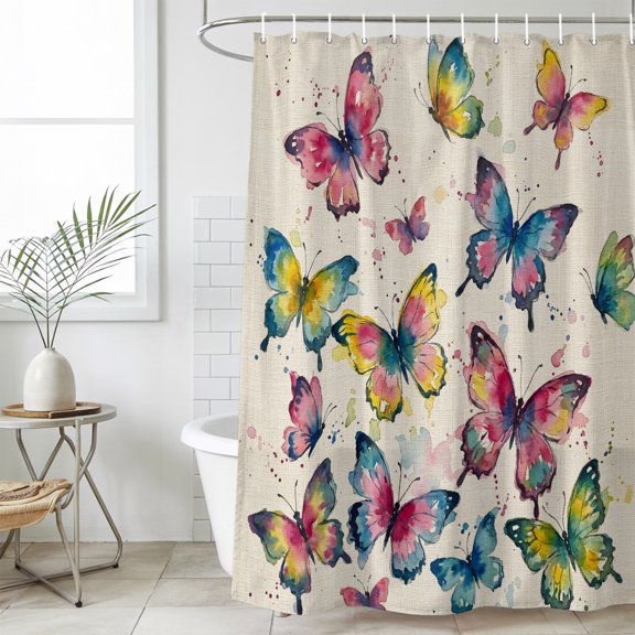 Shower Curtain Bathroom Set Spring Colorful Butterfly Waterproof Fabric Shower Curtains with Grommets&Hooks, Retro Linen Watercolor Style Privacy Bath Curtain for Bathtub 60x72in