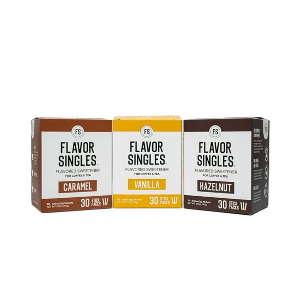 Flavor Singles Variety (Vanilla, Hazelnut & Caramel) Powdered Coffee & Tea Sweetener Packets, Travel Ready Single-Serve Syrup Alternative, 30 Count (Pack of 3)