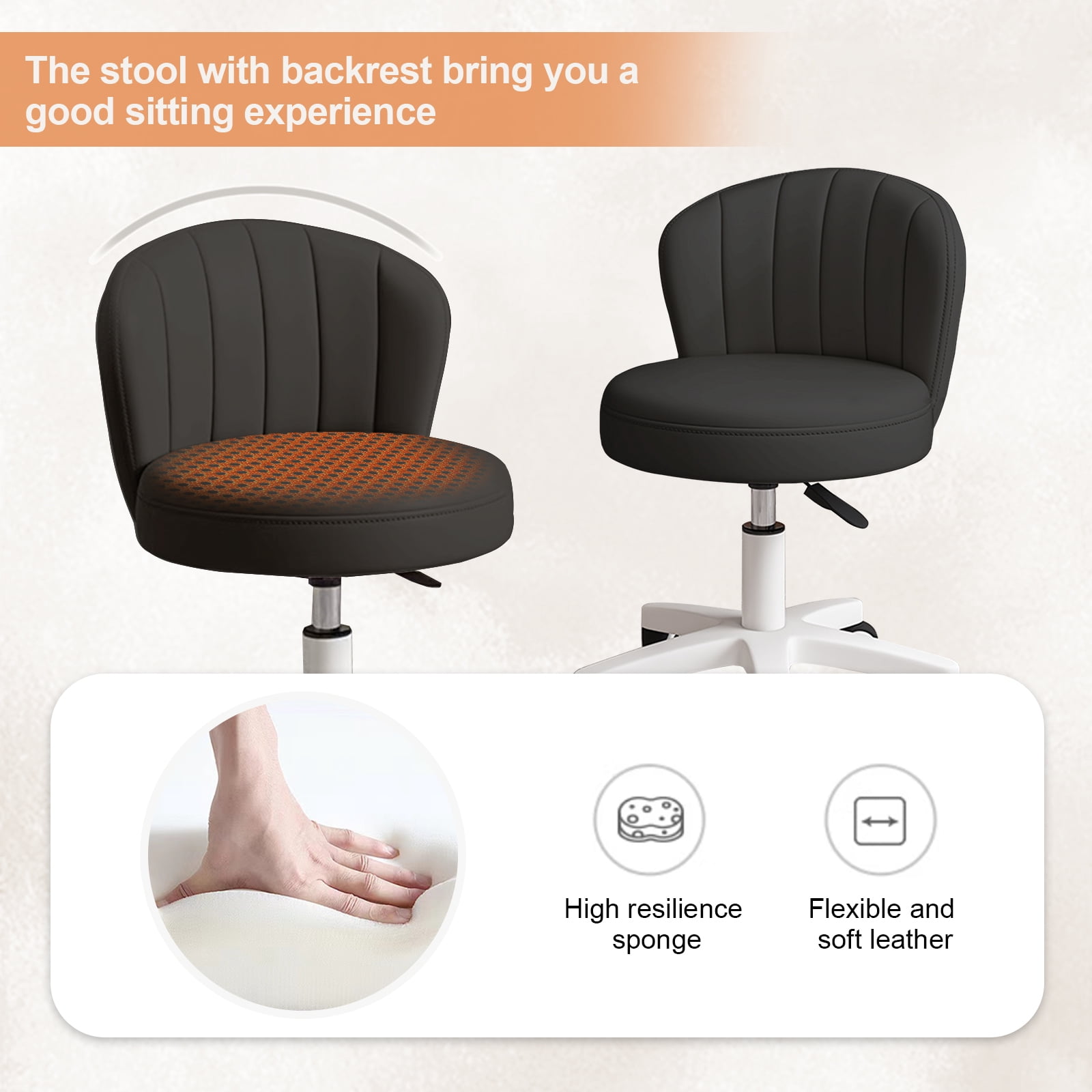 Small Round Rolling Chair with Back PU Leather Height Adjustable，Swivel Vanity Work Computer Stool for Girls and Women，Black