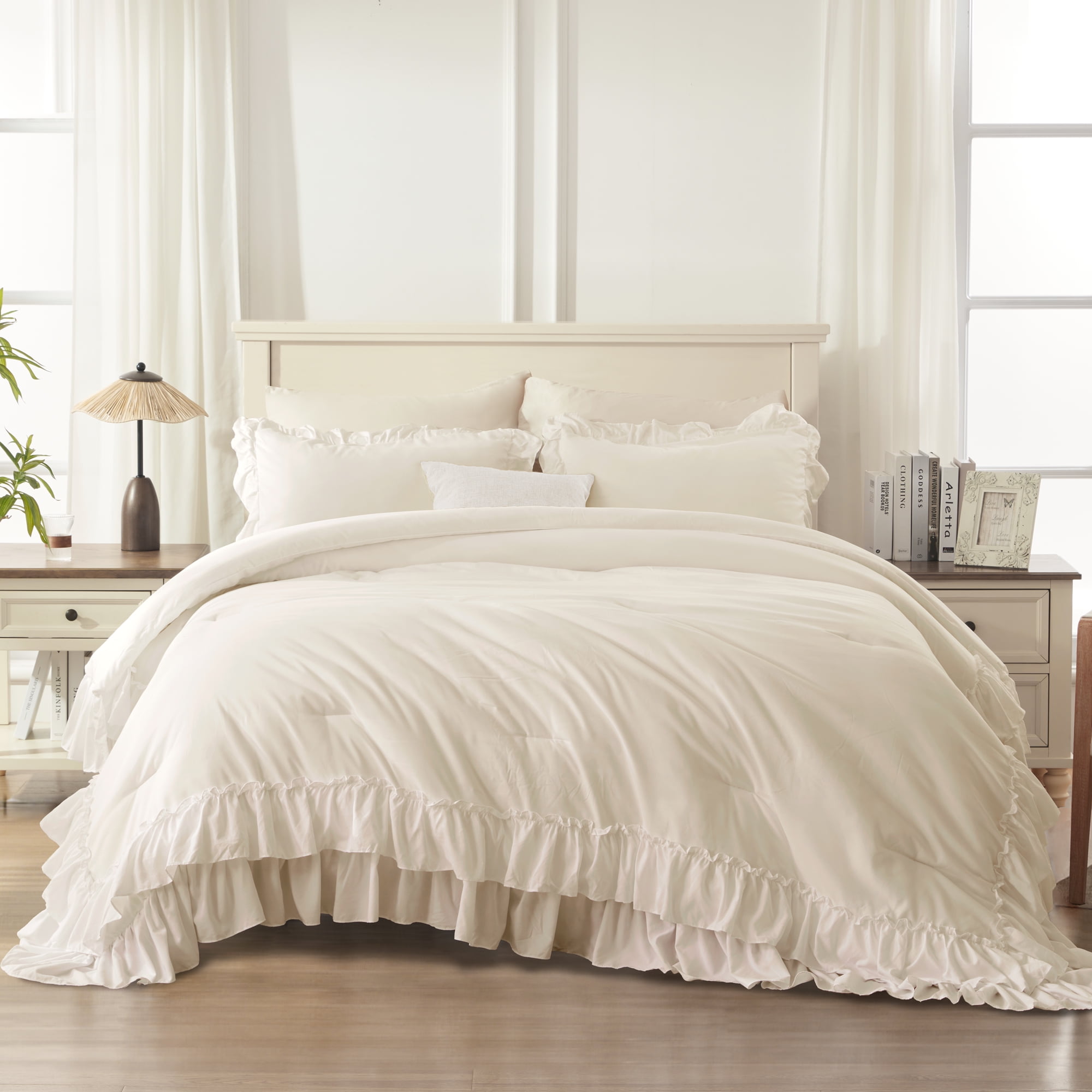 ANGENIA Full Size Comforter Set Beige - 3 Pieces Soft Cozy Fluffy Cream Ruffle Bedding Comforter Sets, All Season Lightweight Farmhouse Down Alternative Bed Set for Girls Teens Boys Kids