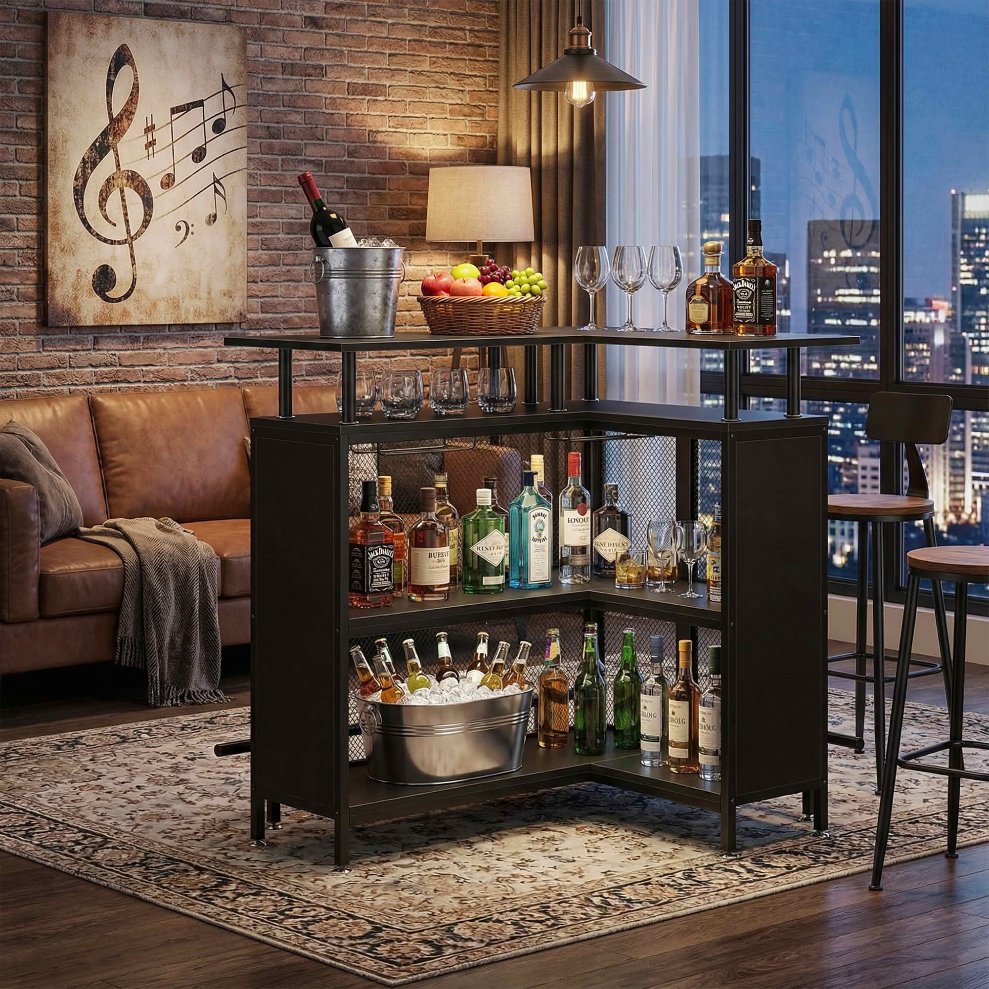 MAYEERTY L Shaped Home Bar Unit, Corner Liquor Bar Table with Glasses Holders and Storage Shelves for Home Entertaining