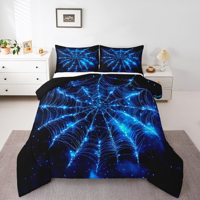 Erosebridal Ensembles de Couette Toile d'Araignée Néon Taille Simple, Ensemble de Literie Ciel Étoilé de Rêve, Couette Réversible Étoiles Bleues Scintillantes, Décoratif de Chambre Ultra Doux, 2 Pcs