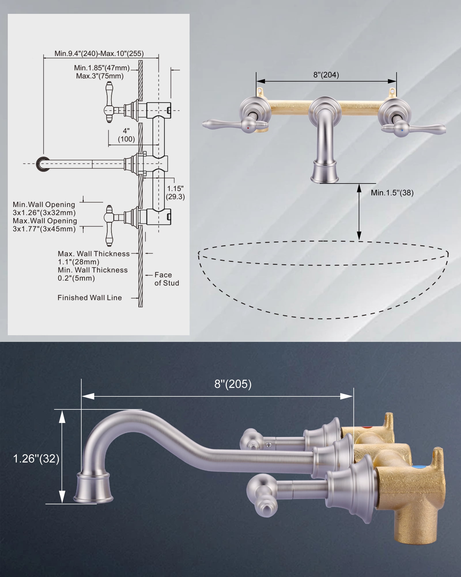 Wowow 8 in. Wall Mount 2-Handle Bathroom Sink Faucets Brass and Rough-in Valve Included,Brushed Nickel