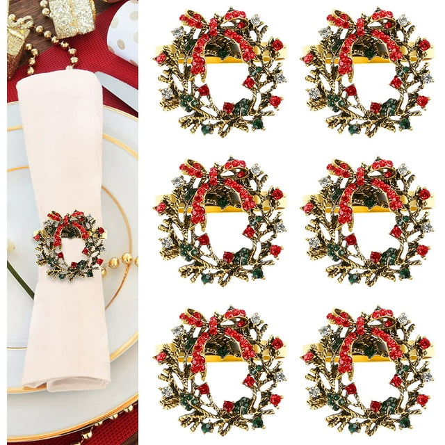 6 anillos de servilleta con forma de corona navideña, servilleteros con temática navideña, hebillas para servilletas para decoración de mesa de cena, fiesta de bodas y vacaciones de Navidad