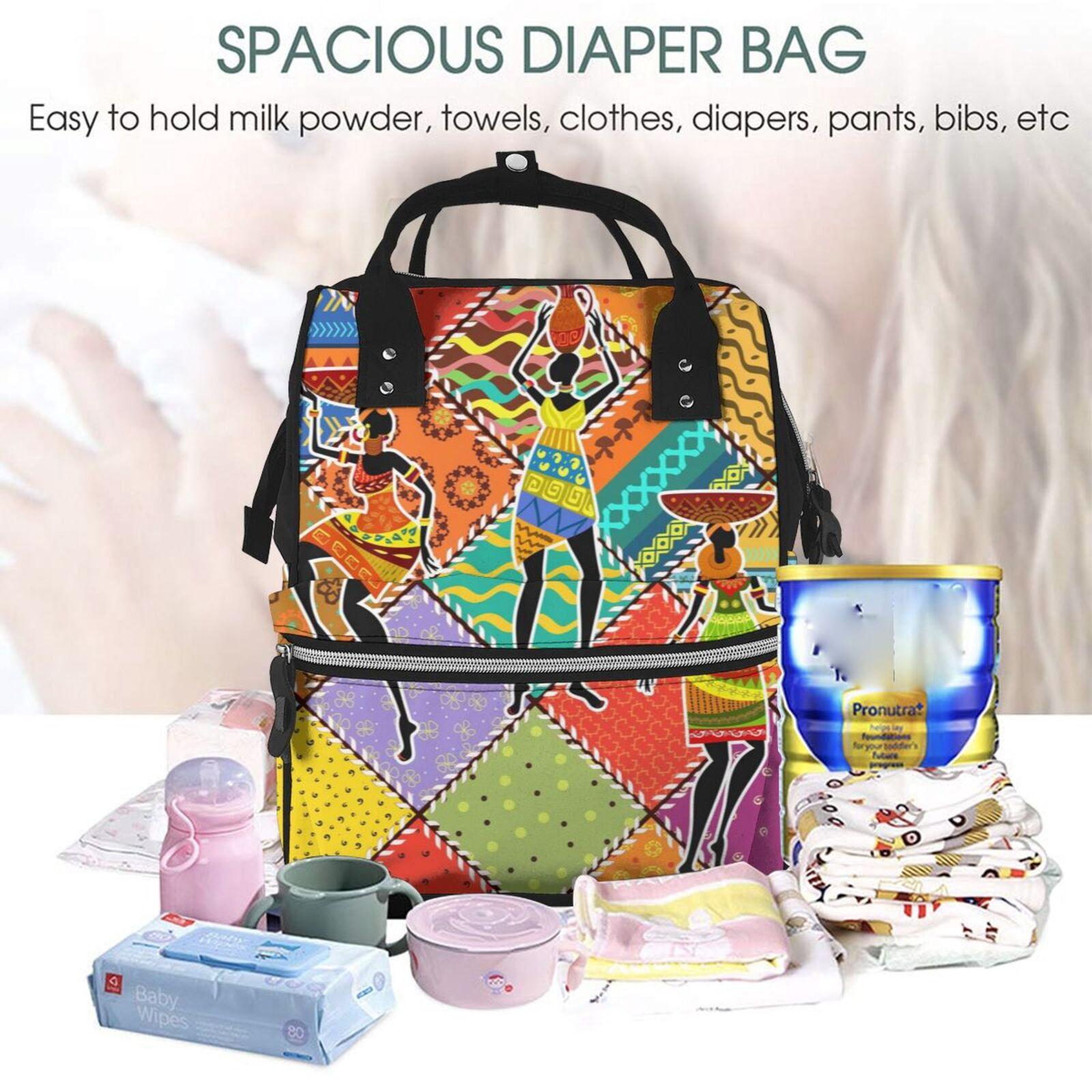 Ratiio Dancing African Womans Mummy Backpack - Waterproof Twill Canvas, Large Capacity Diaper Bag with Multiple Pockets and Adjustable Straps