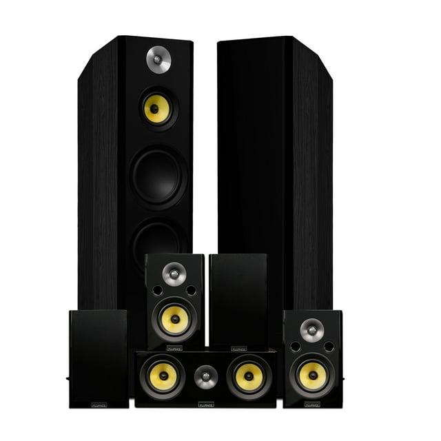 Fluance Signature Hi-Fi Surround Sound Cinéma Maison Système de Haut-Parleurs 7.0 Canaux Incluant Tours Autoportantes 3 Voies, Canal Central, Haut-Parleurs Surround et Arrière Surround - Frêne Noir (HF70BR)