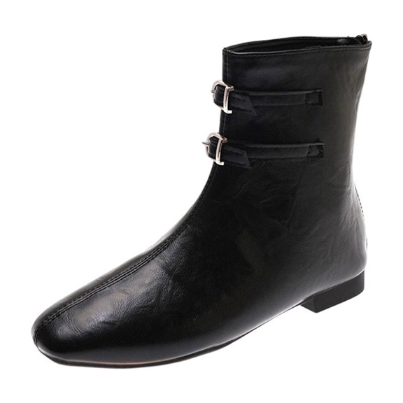 hopeusnice Square Toe Double Buckle Back Zipper Low Heel Ankle Boots Women Leather Casual Boots for Work Black 35