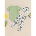thumbnail image 3 of Suealasg 3Pcs Newborn Boy Girl Summer Outfit Short Sleeve Crew Neck Letter Print Romper Plant Print Pants Hat 3 6 12 18 Months Baby Boy Girl Clothes, 3 of 8