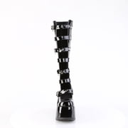 Demonia CAMEL-223 Women's 5 Block Heel Open Front Knee High Platform Boot with Spider Web Buckle Strap