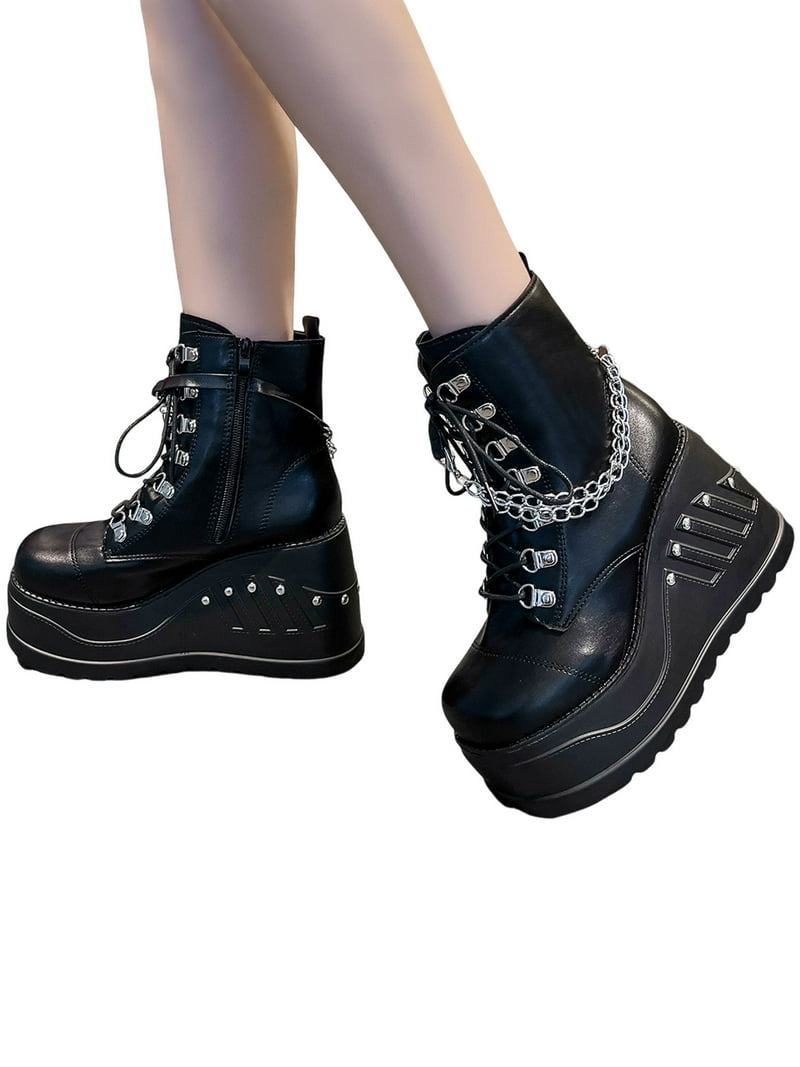 SIMANLAN Women's Goth Punk Platform Boots, Wedge Booties