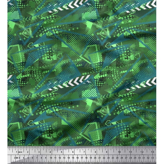 Soimoi Green Poly Georgette Fabric Triangle & Brush Stroke Abstract Print Sewing Fabric Yard 42 Inch Wide