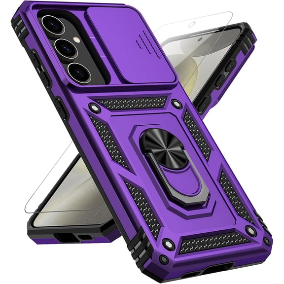 for Samsung Galaxy S24 FE Case with Slide Camera Cover HD Screen Protector [Military Grade 16ft. Drop Tested] Magnetic Ring Holder Kickstand Protective Phone Case for Galaxy S24 FE 5G 2024, Purple